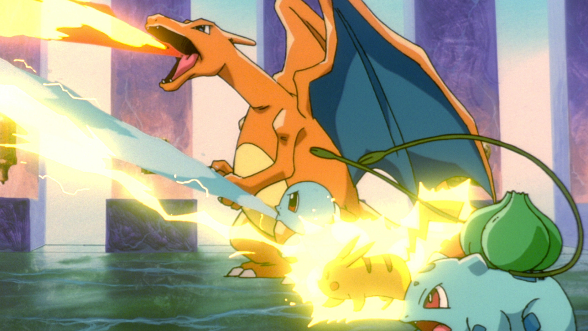 Charizard, Squirtle, Pikachu, and Bulbasaur all attacking an enemy during Pokemon: The Movie 2000.