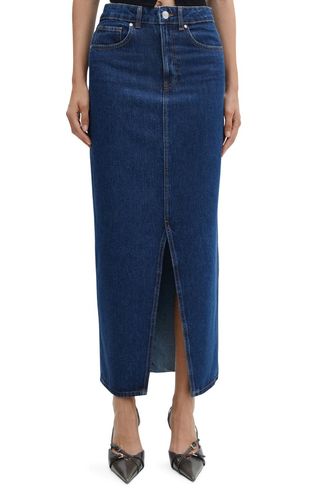 Front Slit Denim Midi Skirt