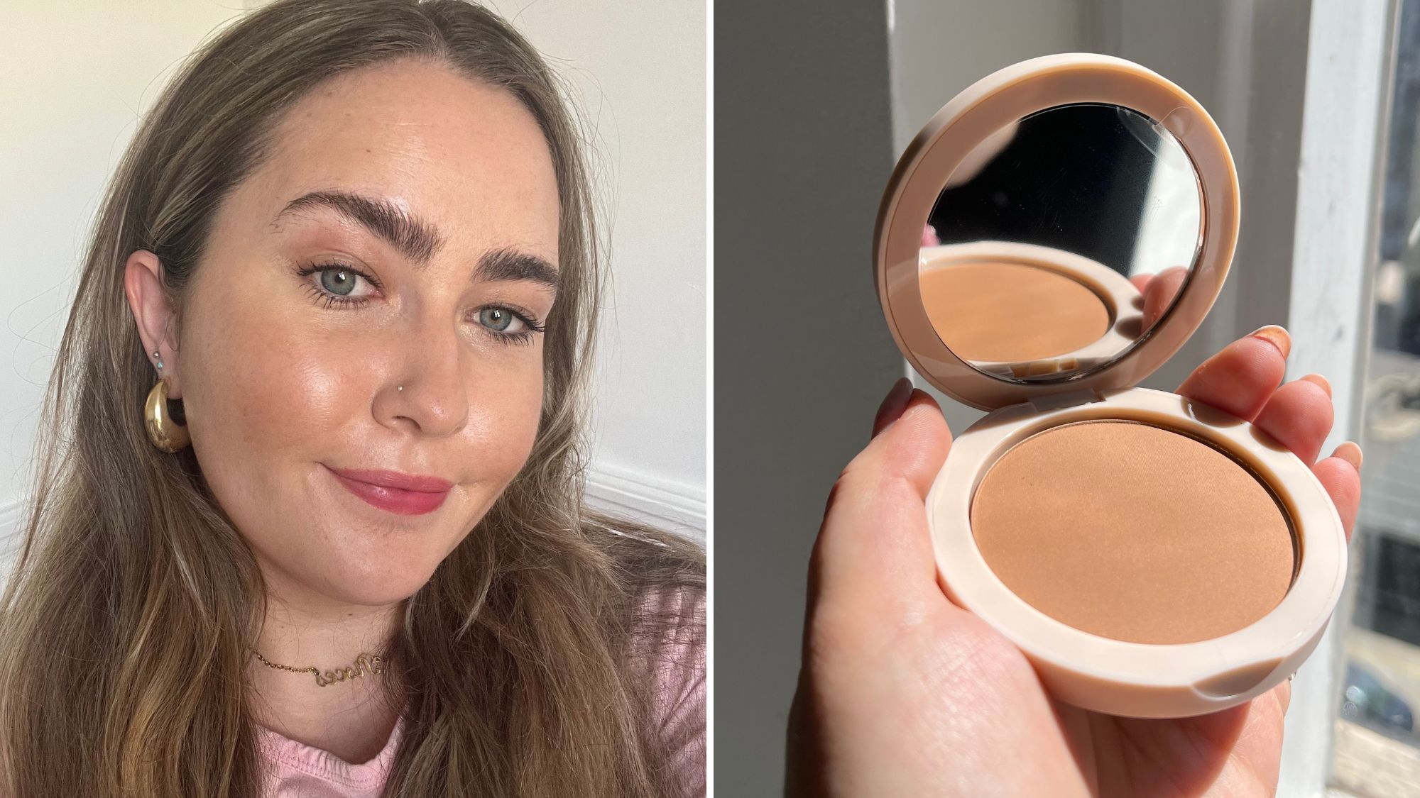 amelia wearing the jones road bronzer in tan and a shot of the bronzer packaging