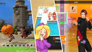 Compilation showing Nintendo Switch game screenshots from Dragon Quest Builders 2, Advance Wars 1+2 Re-Boot Camp, Fitness Boxing 2