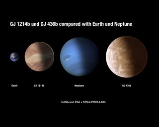 This artist illustration compares the sizes of exoplanets GJ 436b and GJ 1214b with Earth and Neptune. Hubble Space Telescope observations suggest the exoplanets are blanketed with clouds. Image released Dec. 31, 2013.