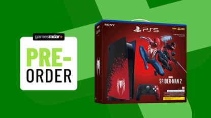 Marvel's Spider-Man 2 PS5 console box with pre-order badge on a green background