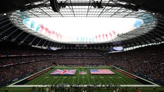 General view inside the stadium, as a pyrotechnic display takes place prior to the NFL match between Jacksonville Jaguars and Chicago Bears at Tottenham Hotspur Stadium on October 13, 2024 in London, England.
