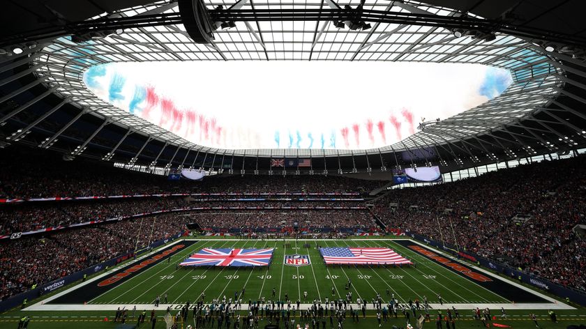 General view inside the stadium, as a pyrotechnic display takes place prior to the NFL match between Jacksonville Jaguars and Chicago Bears at Tottenham Hotspur Stadium on October 13, 2024 in London, England. 