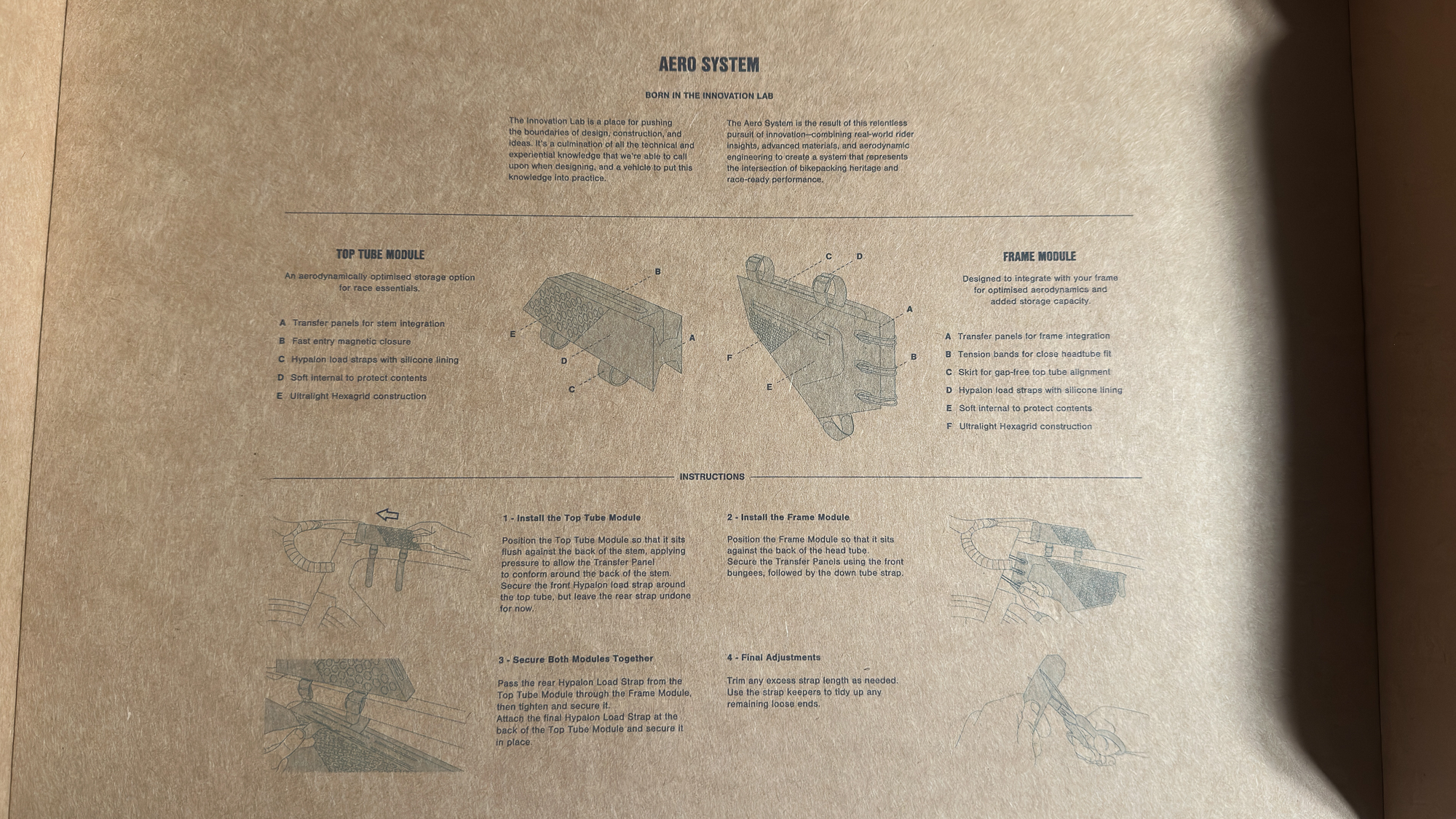 close up of some instructions about fitting the apidura bags on the inside of the brown box