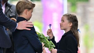 Princess Charlotte of Cambridge and Prince George of Cambridge visit Cardiff Castle on June 04, 2022 in Cardiff, Wales