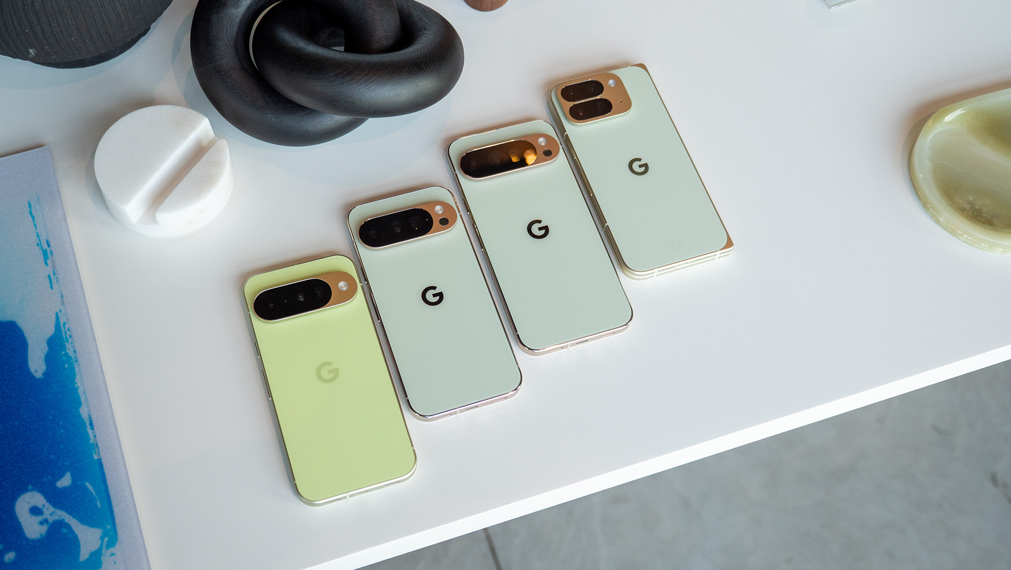 All green colorways of the Google Pixel 10, Google Pixel 10 Pro, Google Pixel 10 Pro XL, and Google Pixel 10 Pro Fold