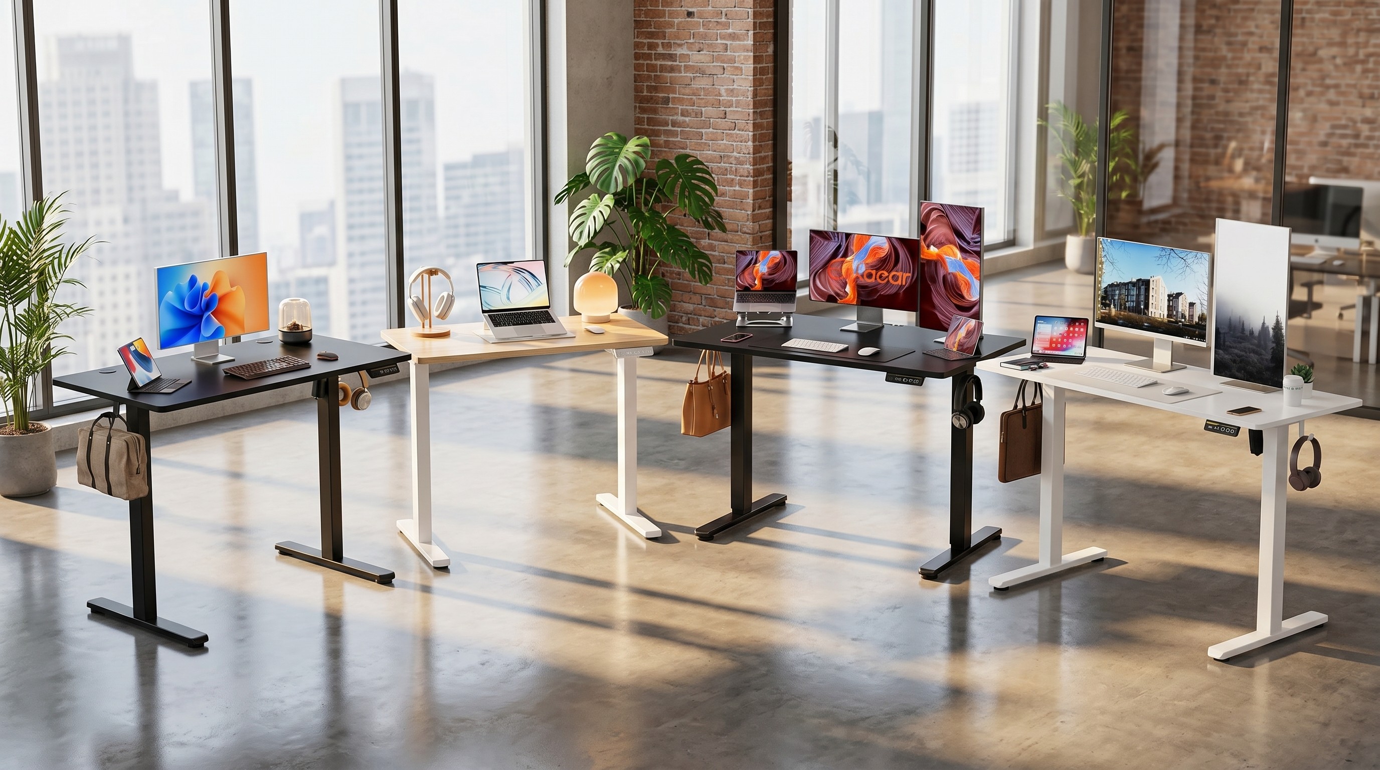 Four standing desks in a brightly lit, open-plan office