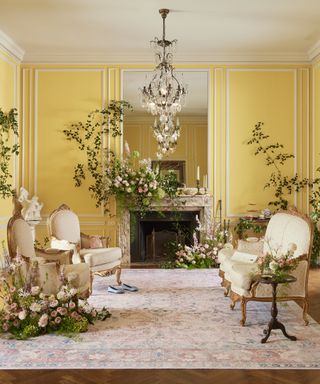 Ruggable x Bridgerton pink rug in a yellow living room with elegant regency decor