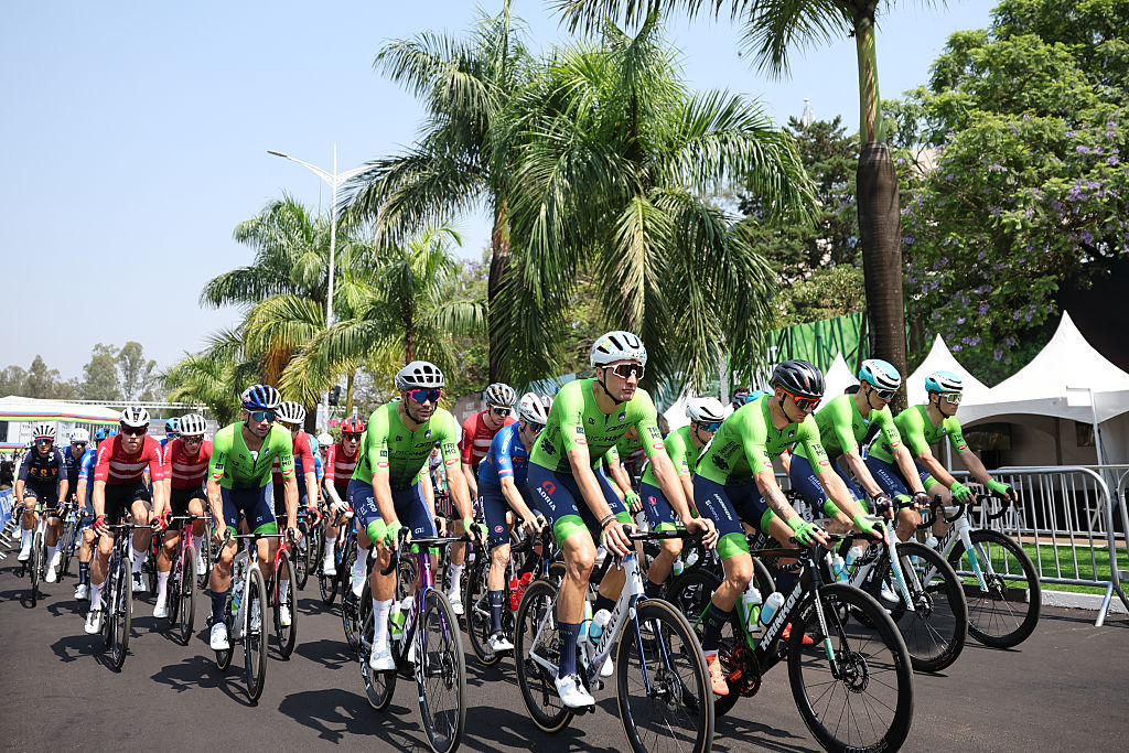Slovenian riders cycle at the start of the men&#039;s Elite road race cycling event during the UCI 2025 Road World Championships, in Kigali, on September 28, 2025. (Photo by Anne-Christine POUJOULAT / AFP)