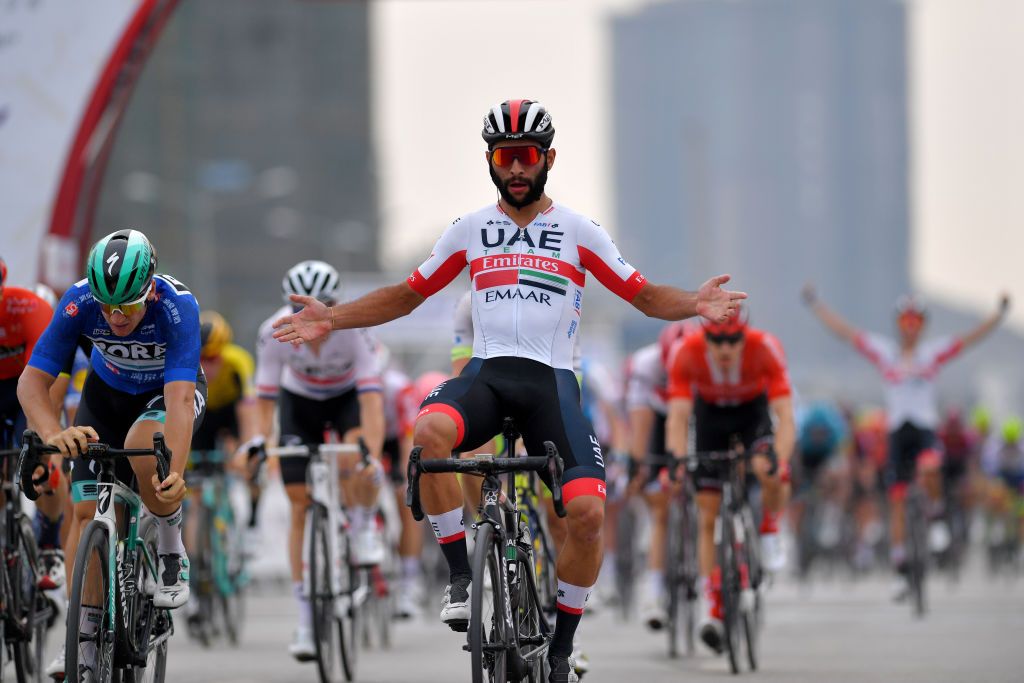 Fernando Gaviria sits up and celebrates