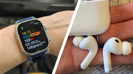 The Apple Watch 3 and AirPods Pro 3 during our tests in a split-image