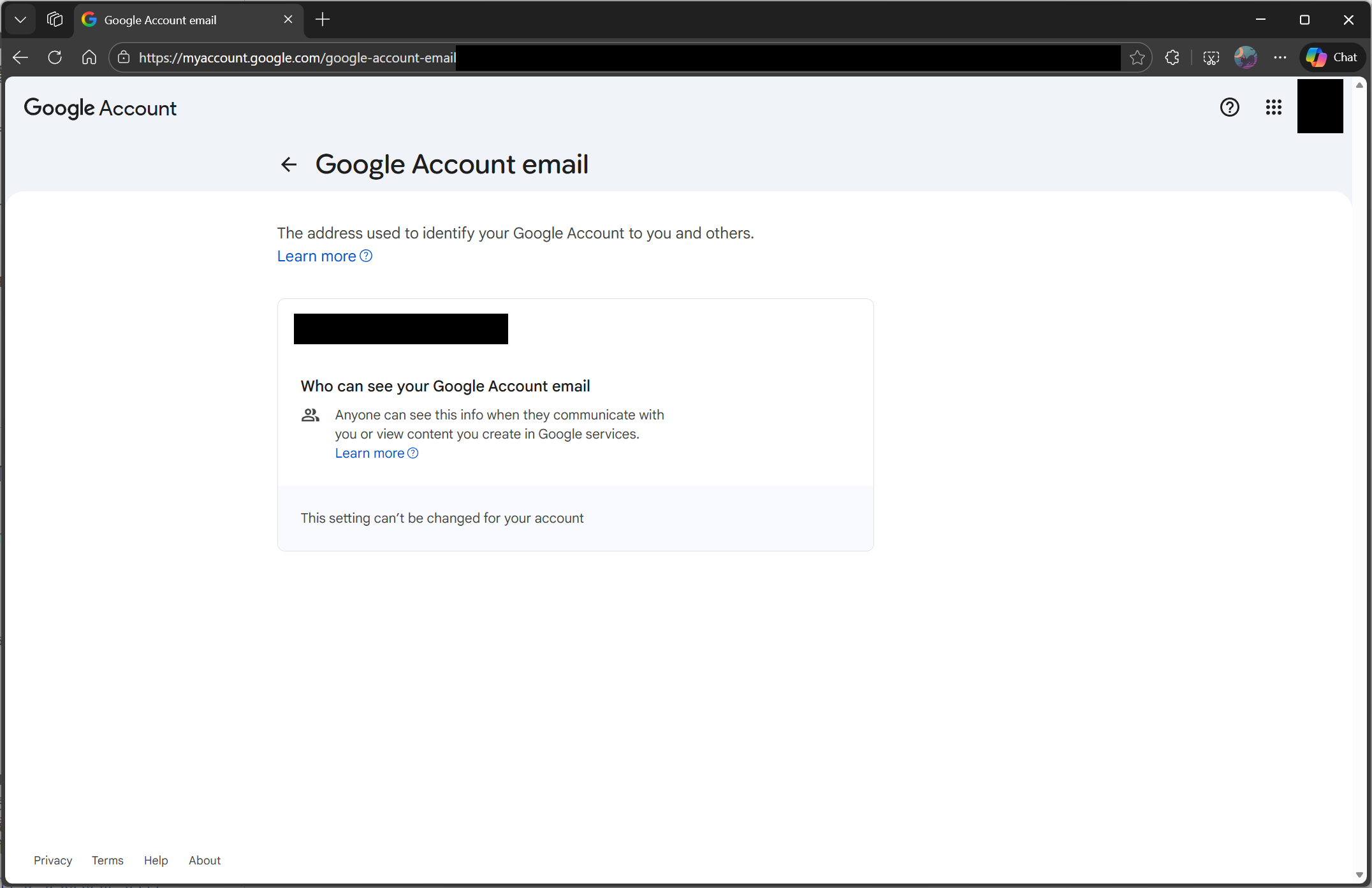 The email page in Google Account settings