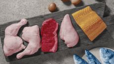 Photo collage of several different types of uncooked meat on a serving board.