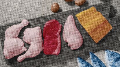 Photo collage of several different types of uncooked meat on a serving board.