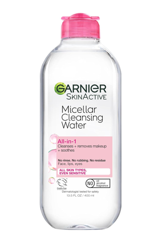 A bottle of Garnier Micellar Cleansing Water set against a white background.