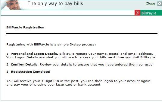 BillPay.ie image: This screenshot shows the registration process of BillPay.ie. It is a reasonably simple process which can be completed in three steps.