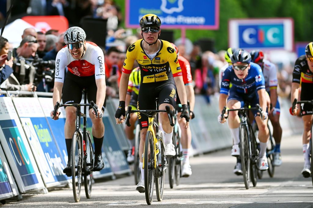 DUNKERQUE FRANCE MAY 16 Olav Kooij of The Netherlands and Team JumboVisma celebrates at finish line as stage winner ahead of Maximilian Walscheid of Germany and Team Cofidis during the 67th 4 Jours de Dunkerque Grand Prix des Hauts de France 2023 Stage 1 a 1966km at stage from Dunkerque to Abbeville on May 16 2023 in Dunkerque France Photo by Luc ClaessenGetty Images