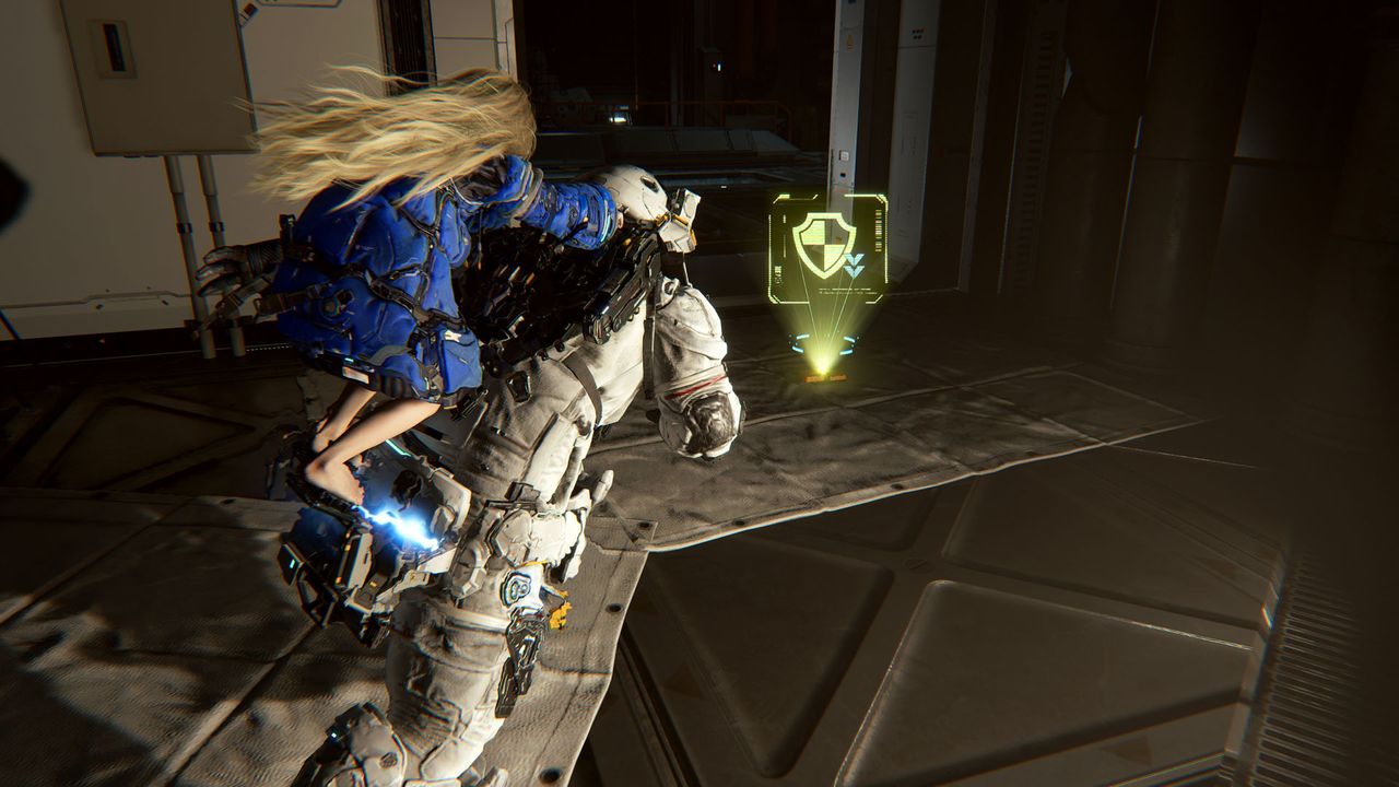 Hugh and Diana run towards a pickup in Pragmata with a shield design