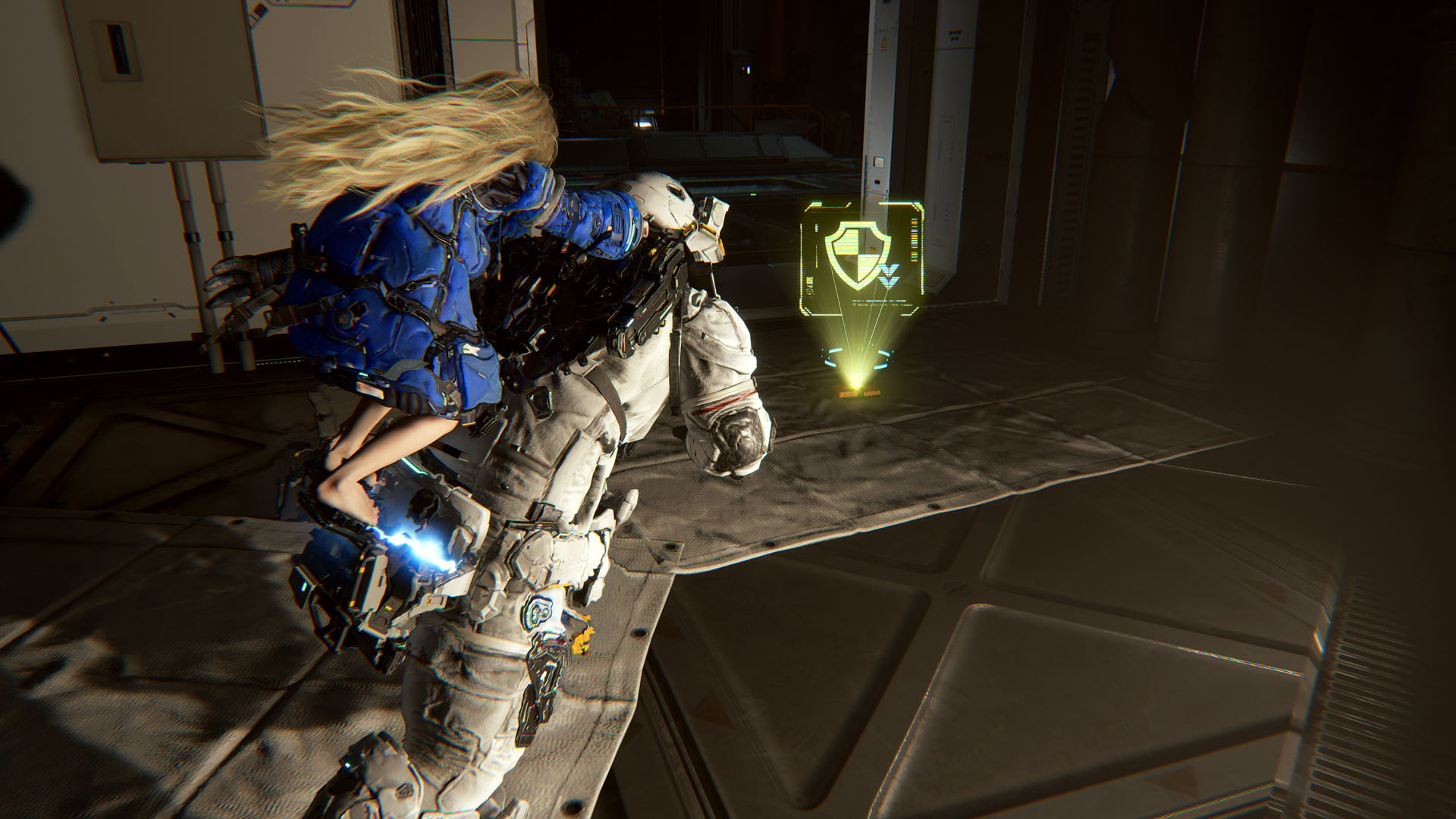 Hugh and Diana run towards a pickup in Pragmata with a shield design