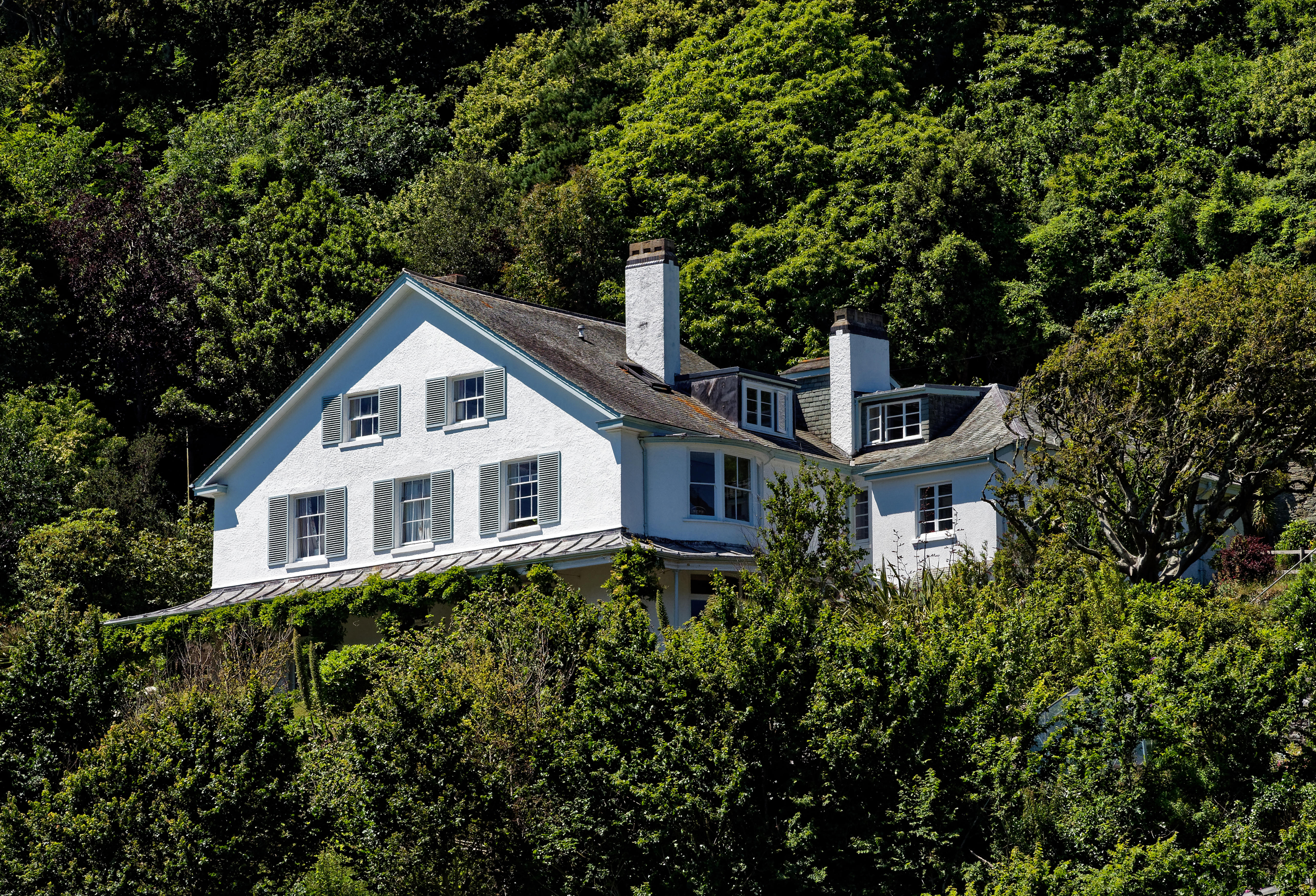 A white Regency-style villa with blue shutters, surrounded by woodland