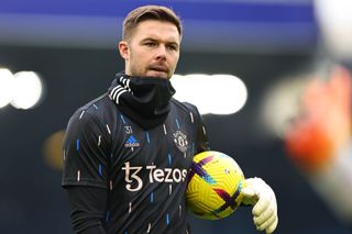 LEEDS, ENGLAND - FEBRUARY 12: Jack Butland of Manchester United during the Premier League match between Leeds United and Manchester United at Elland Road on February 12, 2023 in Leeds, United Kingdom. (Photo by Robbie Jay Barratt - AMA/Getty Images)