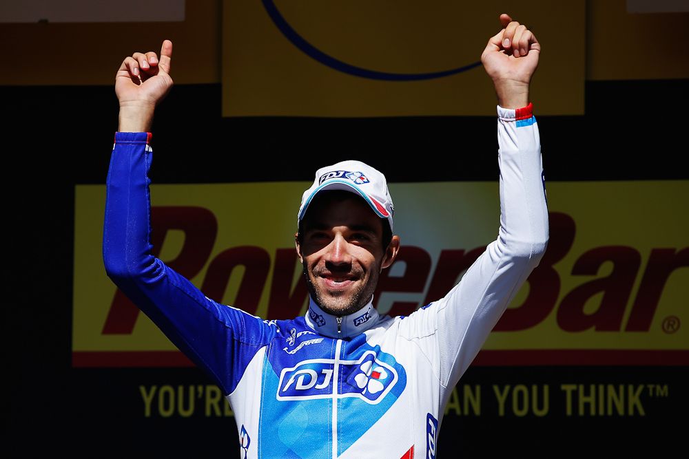 Thibaut Pinot on the stage 20 podium.