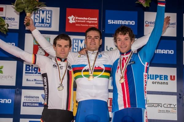 Elite men's podium at marathon worlds: Moritz Milatz (Germany), Perkias Ilias (Greece), Kristian Hynek (Czech)