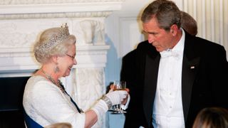 President George W Bush joins Queen Elizabeth II in a toast during a State Dinner at the White House on the fifth day of her USA tour on May 7, 2007 in Washington, DC.