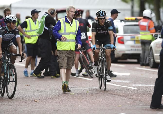 Ben Swift (Team Sky) rides away from the finish line on the Mall in London