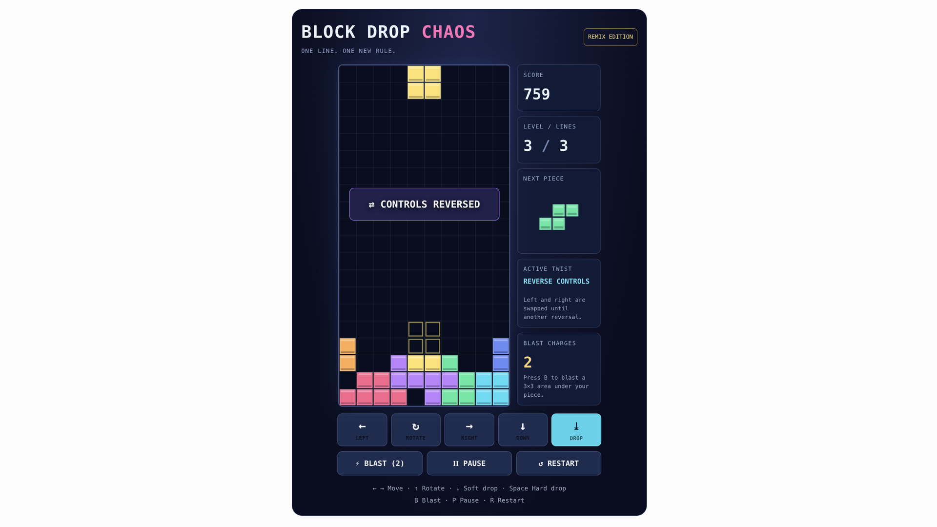 A screenshot of a new tetris game in the chatgpt interface