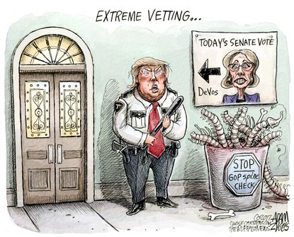 Political Cartoon U.S. Betsy DeVos Donald Trump GOP spines