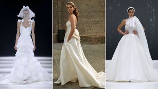 three models wearing wedding dresses with bow to illustrate the wedding dress trends 2023
