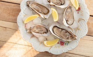 Raw opened organic Cancale oysters and lemon slices Served on ice Decorative plate on wooden plank High point of view Light effect