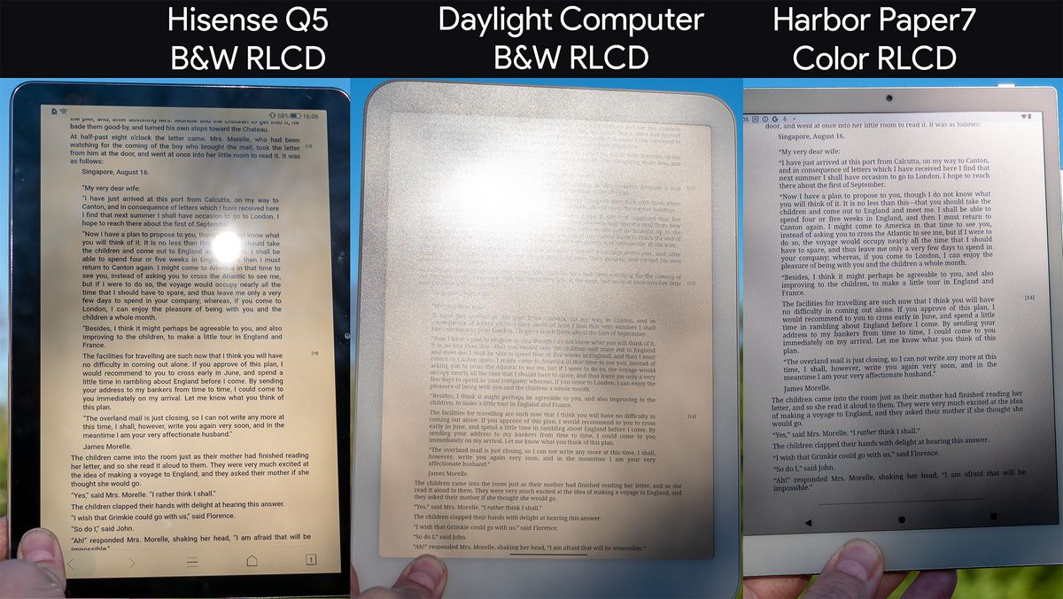 Comparing RLCD tablets' daylight viewability from different angles between the Hisense Q5, Daylight Computer, and Harbor Paper 7
