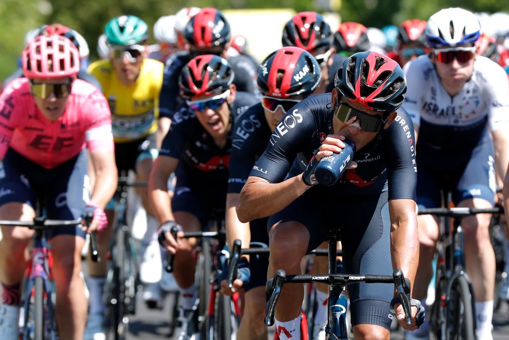 SAINTVALLIER FRANCE JUNE 03 Andrey Amador Bikkazakova of Costa Rica and Team INEOS Grenadiers leads The Peloton during the 73rd Critrium du Dauphin 2021 Stage 5 a 1754km stage from SaintChamond to SaintVallier Refreshment UCIworldtour Dauphin dauphine on June 03 2021 in SaintVallier France Photo by Bas CzerwinskiGetty Images