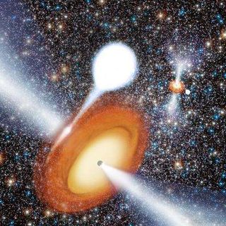 An artist's conception of black holes feeding on matter from companion stars and sending out bright jets into the space within a globular cluster.