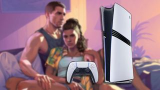 A Ps5 Pro and DualSense controller against a blurred background showing GTA 6 characters lounging on the sofa