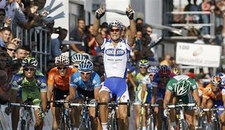 Tom Boonen (Quick Step) sprints to victory in stage three.