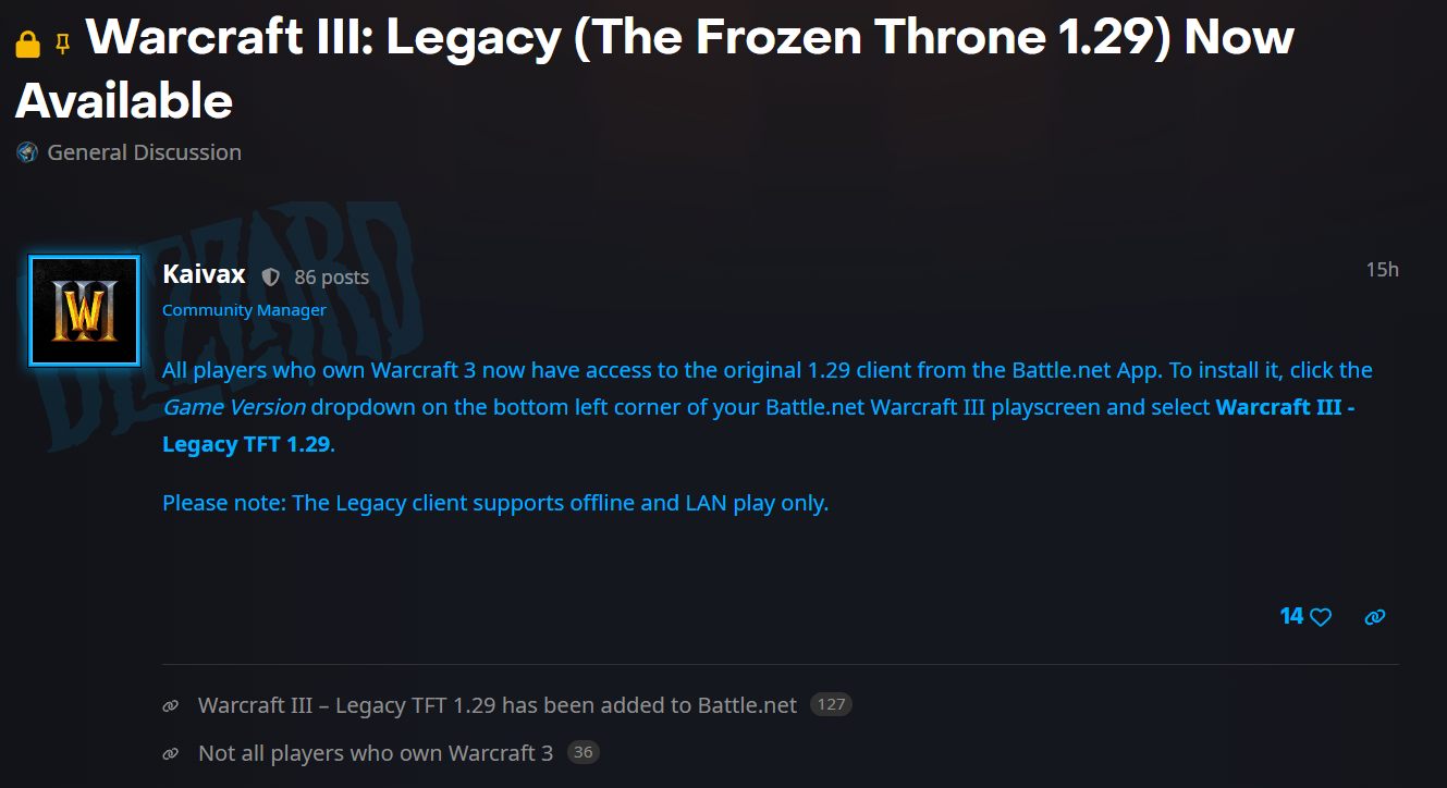 Announcement for "Warcraft III: Legacy" available. Details on accessing the 1.29 client via Battle.net are provided. Tone is informative and technical.