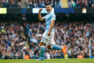 Sergio Aguero celebrates after scoring the fourth of his five goals in a 6-1 win for Manchester City over Newcastle in October 2015.