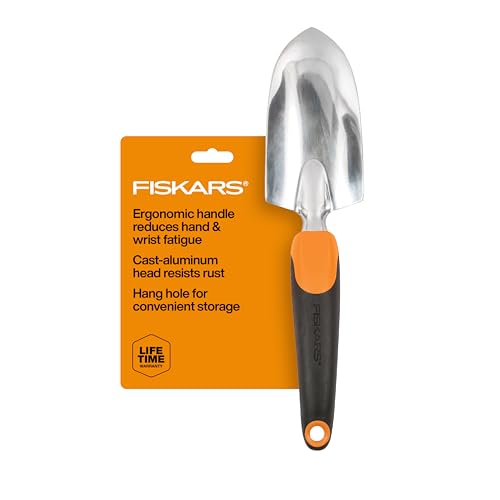 Fiskars Trowel, Heavy Duty Gardening Hand Tool With Hang Hole, for Digging and Planting, Rust Resistant Cast Aluminum, Ergonomic Handle and Comfort Grip, Gardening Tools for Yard