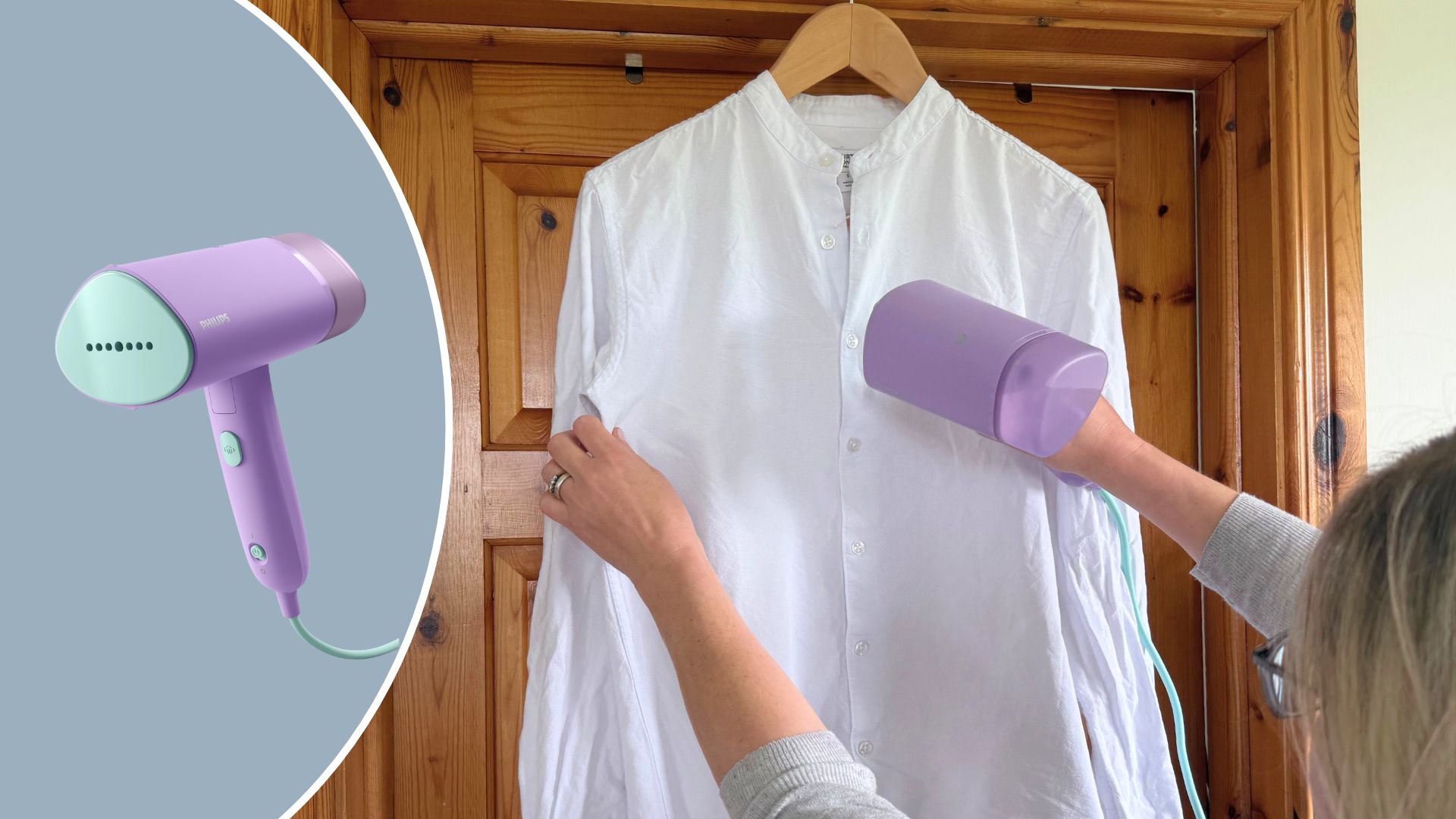 The Philips clothes steamer shown in use by writer Heidi Scrimgeour on her son's wrinkled work shirt