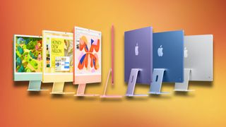 An array of colorful iMacs in front of an orange background