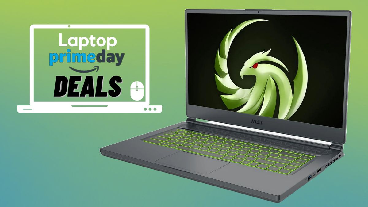 The MSI Delta 15 gaming laptop with a Laptop Mag deals icon in front of an abstract green background