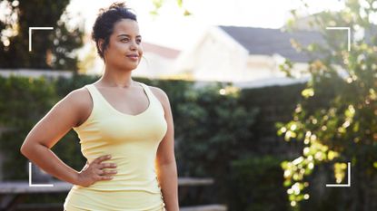 Smiling woman working out in garden to combat PCOS belly fat