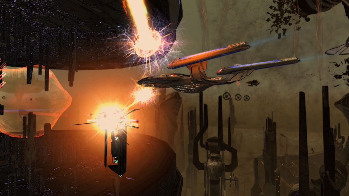 Star Trek Online screenshot showing a starship in battle.