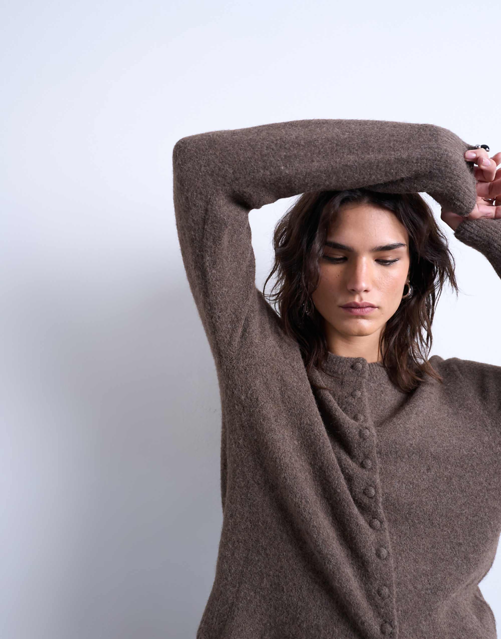 Topshop Knitted Covered Button Cardigan in Brown