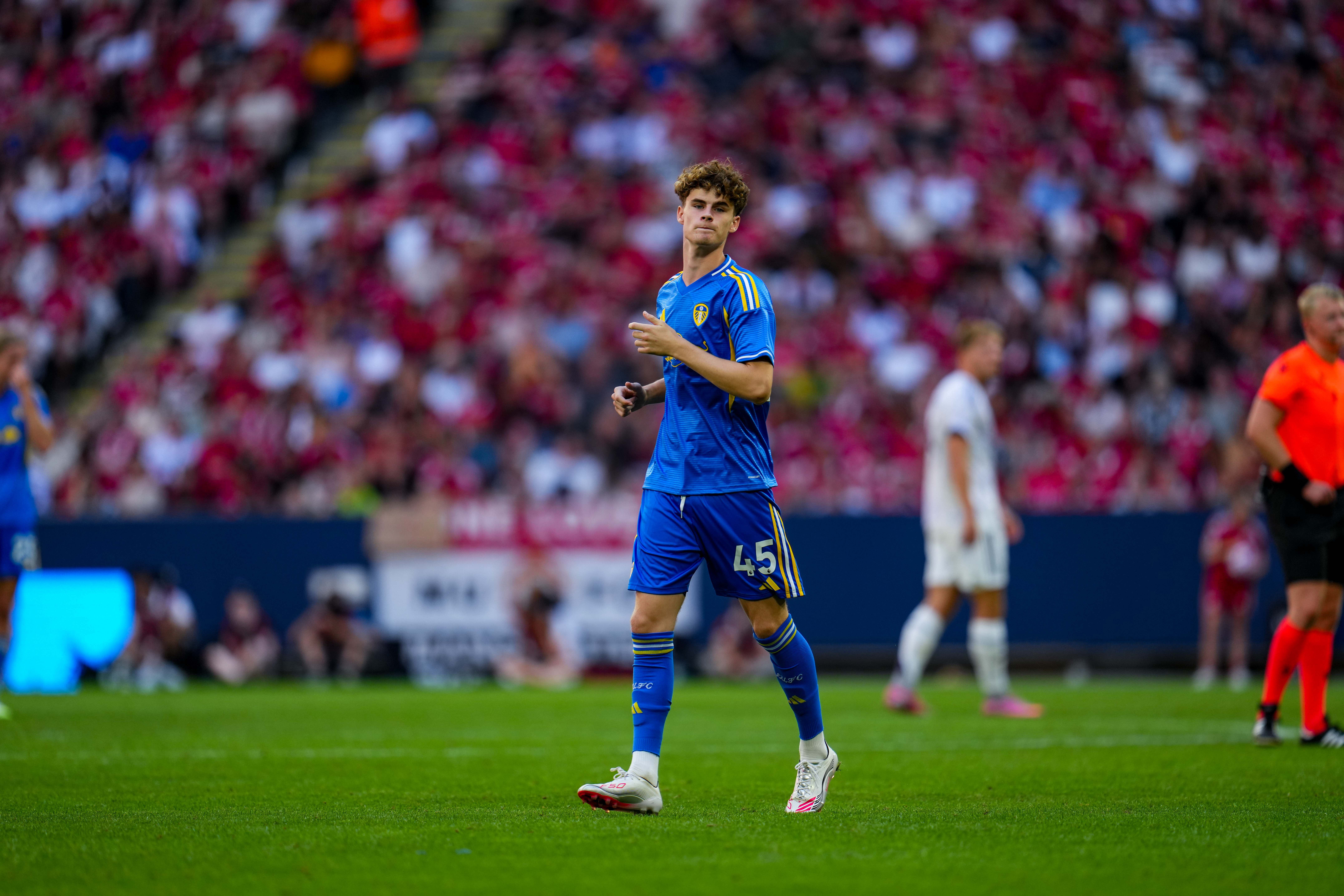 SOLNA, SWEDEN - JULY 19: Harry Gray of Leeds United in action during the pre-season friendly match between Manchester United and Leeds United at Strawberry Arena on July 19, 2025 in Solna, Sweden. (Photo by Malcolm Bryce/Leeds United FC via Getty Images)