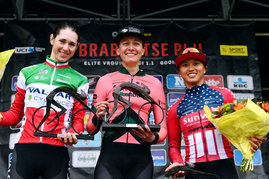 Marta Cavalli, Sofie de Vuyst and Coryn Rivera on the Brabantse Pijl podium